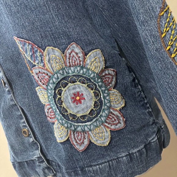 Floral Embroidered Button Denim Jean Jacket Size 8 Petite Cottage Vtg Y2K - Picture 5 of 13